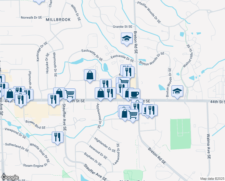 map of restaurants, bars, coffee shops, grocery stores, and more near 2400 43rd St SE in Grand Rapids
