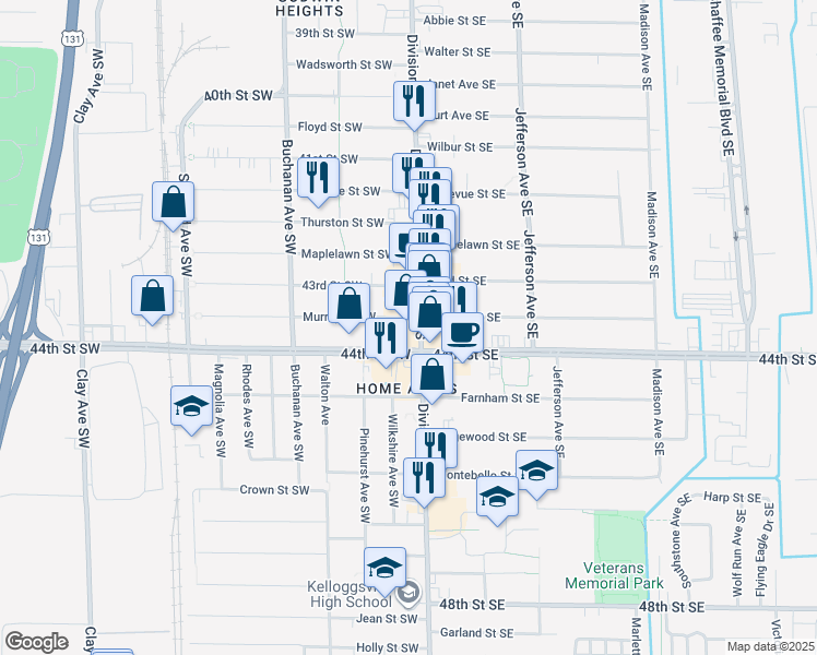 map of restaurants, bars, coffee shops, grocery stores, and more near 4333 Division Avenue South in Grand Rapids