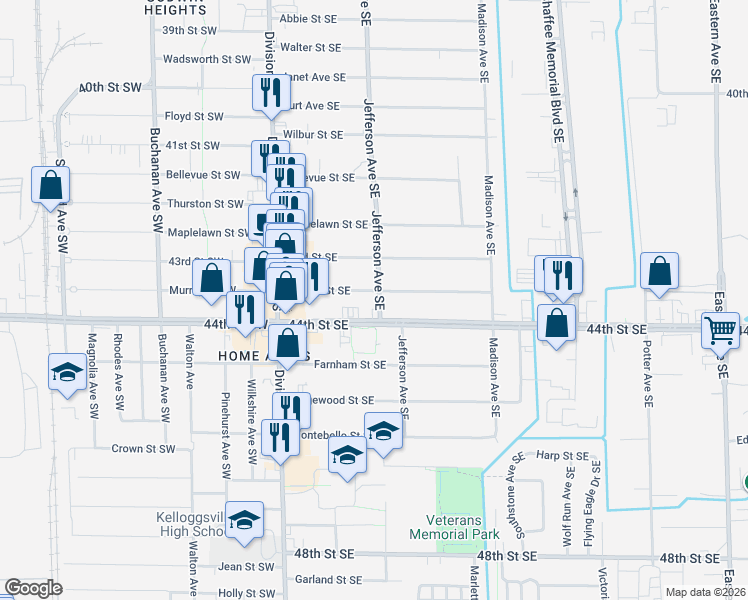map of restaurants, bars, coffee shops, grocery stores, and more near 150 Murray Street Southeast in Kentwood