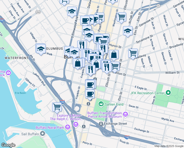 map of restaurants, bars, coffee shops, grocery stores, and more near 200 Pearl Street in Buffalo