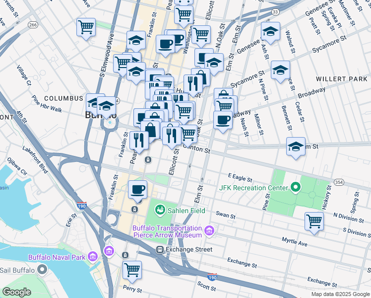 map of restaurants, bars, coffee shops, grocery stores, and more near 92 Clinton Street in Buffalo