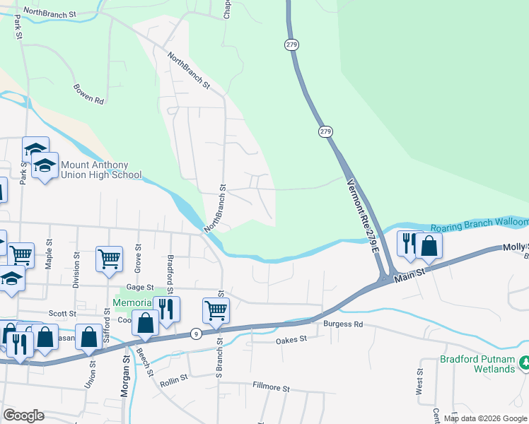 map of restaurants, bars, coffee shops, grocery stores, and more near 176 Bakers Drive in Bennington County