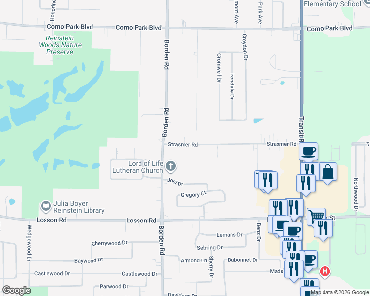 map of restaurants, bars, coffee shops, grocery stores, and more near 70 Strasmer Road in Depew