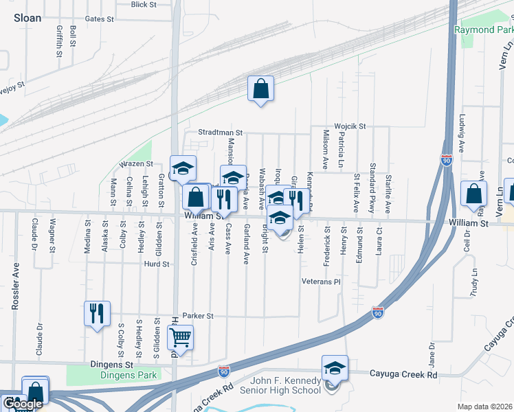 map of restaurants, bars, coffee shops, grocery stores, and more near 20 Peoria Avenue in Buffalo