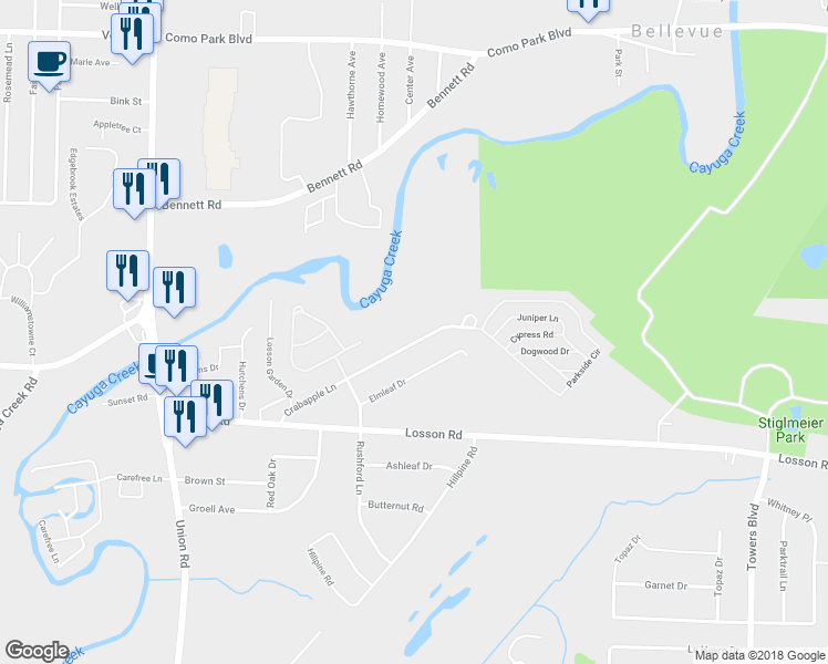 map of restaurants, bars, coffee shops, grocery stores, and more near 260 Crabapple Lane in Buffalo