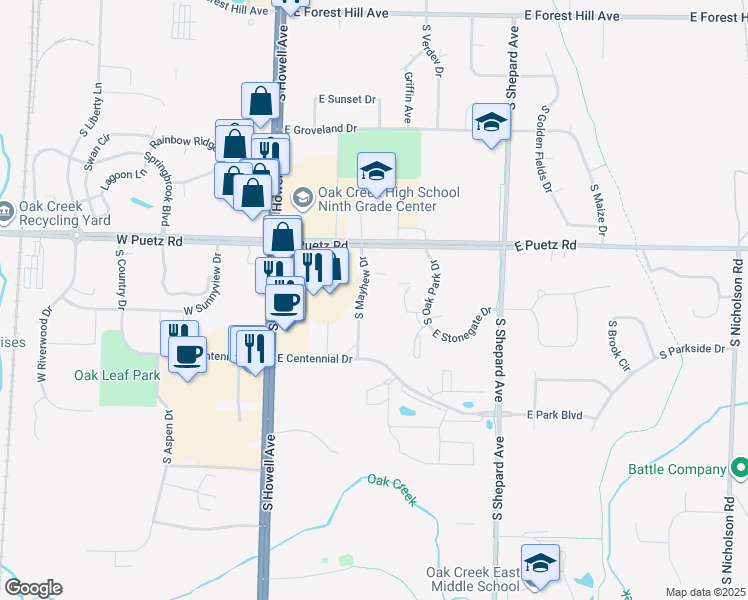 map of restaurants, bars, coffee shops, grocery stores, and more near 8772 South Mayhew Drive in Oak Creek