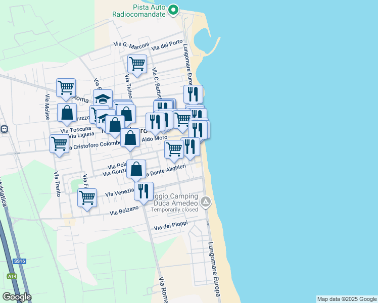 map of restaurants, bars, coffee shops, grocery stores, and more near 76 Lungomare Europa in Martinsicuro