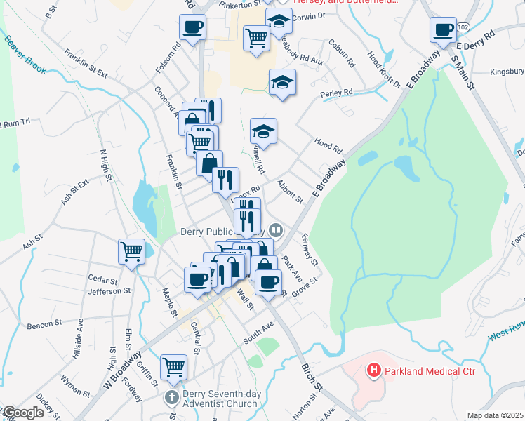 map of restaurants, bars, coffee shops, grocery stores, and more near 16 Boyd Road in Derry
