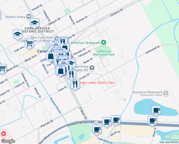 map of restaurants, bars, coffee shops, grocery stores, and more near 110 Saltonstall Street in Canandaigua