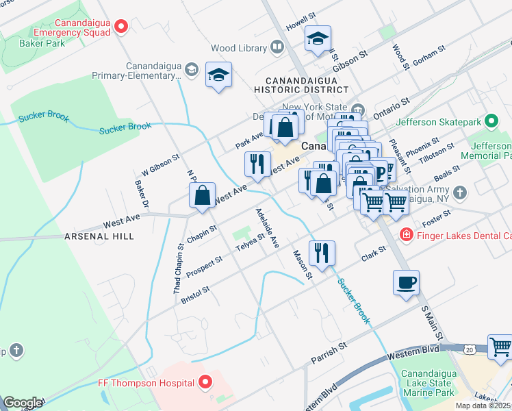 map of restaurants, bars, coffee shops, grocery stores, and more near Chapin St & Adelaide Ave in Canandaigua
