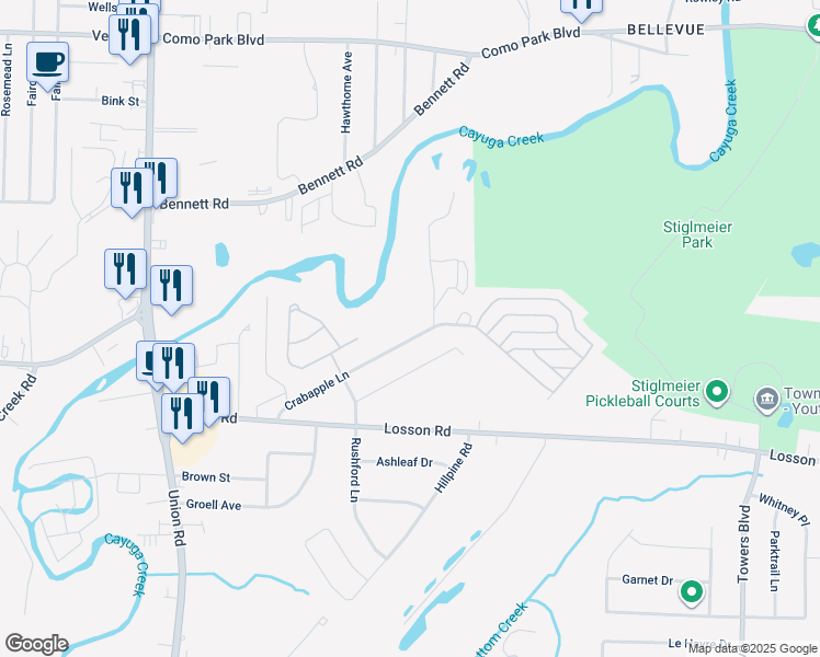 map of restaurants, bars, coffee shops, grocery stores, and more near 260 Crabapple Lane in Buffalo