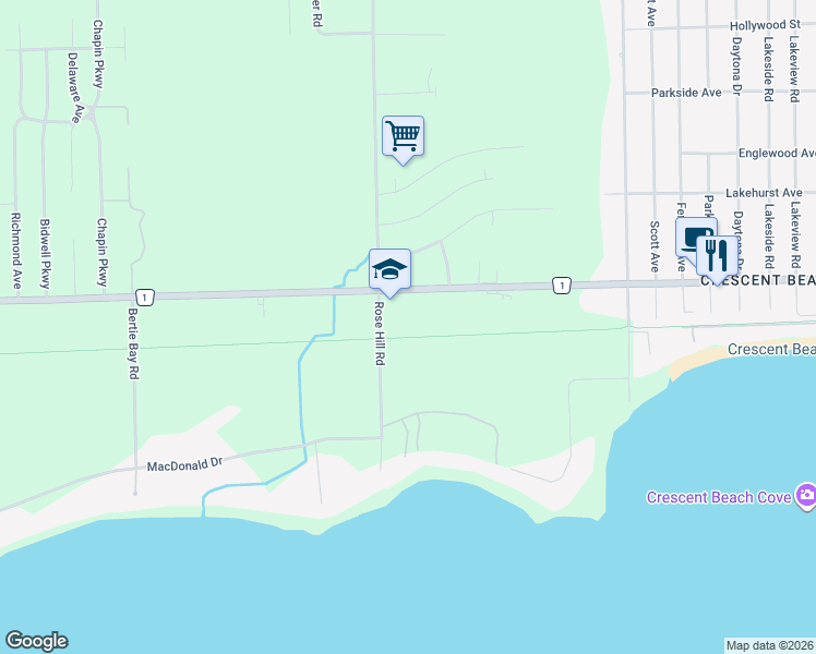 map of restaurants, bars, coffee shops, grocery stores, and more near 350 Rose Hill Road in Fort Erie