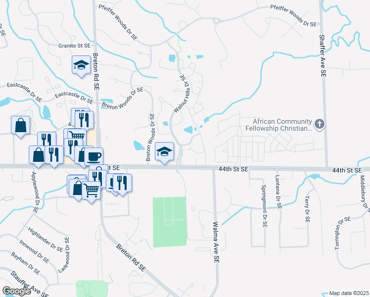 map of restaurants, bars, coffee shops, grocery stores, and more near 4340 Walnut Hills Drive Southeast in Kentwood