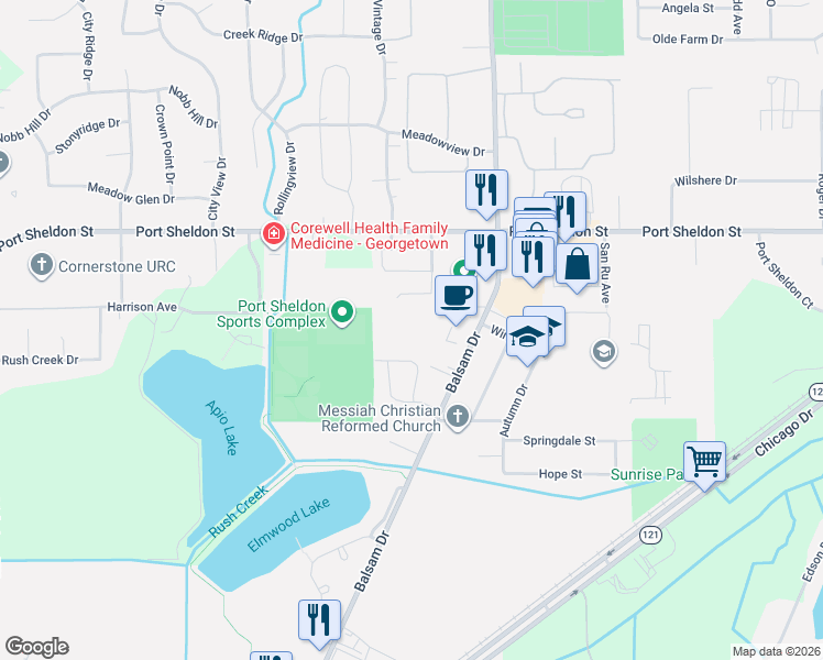 map of restaurants, bars, coffee shops, grocery stores, and more near 6365 Balsam Dr in Hudsonville