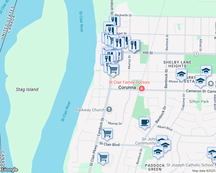 map of restaurants, bars, coffee shops, grocery stores, and more near 459 Lyndoch Street in Corunna