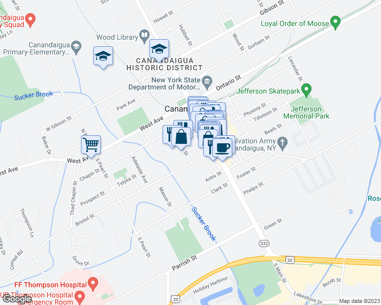 map of restaurants, bars, coffee shops, grocery stores, and more near 39 Coach Street in Canandaigua