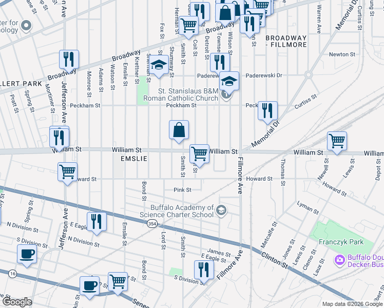 map of restaurants, bars, coffee shops, grocery stores, and more near 759 William Street in Buffalo
