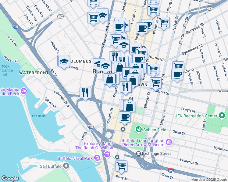 map of restaurants, bars, coffee shops, grocery stores, and more near 110 Franklin Street in Buffalo