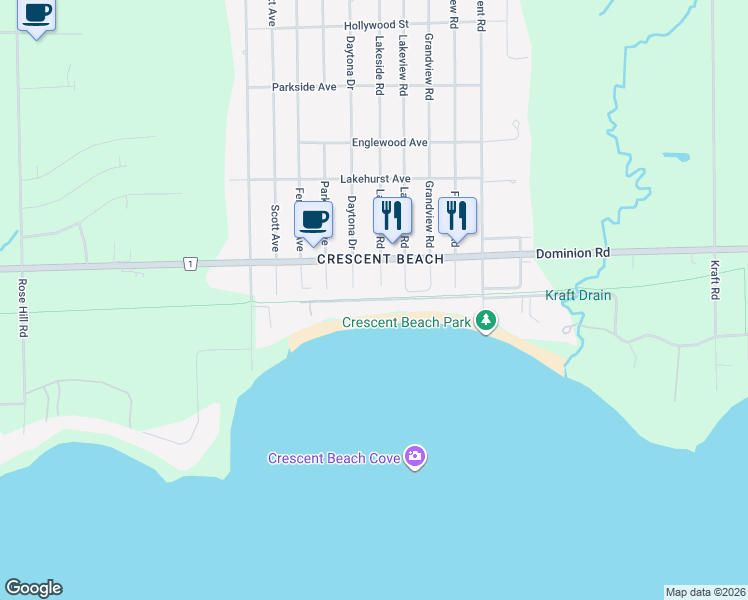 map of restaurants, bars, coffee shops, grocery stores, and more near Kam Road in Fort Erie