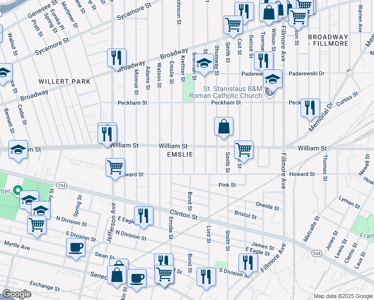 map of restaurants, bars, coffee shops, grocery stores, and more near 643 William Street in Buffalo