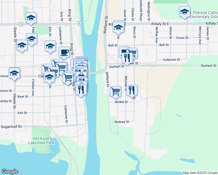 map of restaurants, bars, coffee shops, grocery stores, and more near 173 Welland Street in Port Colborne
