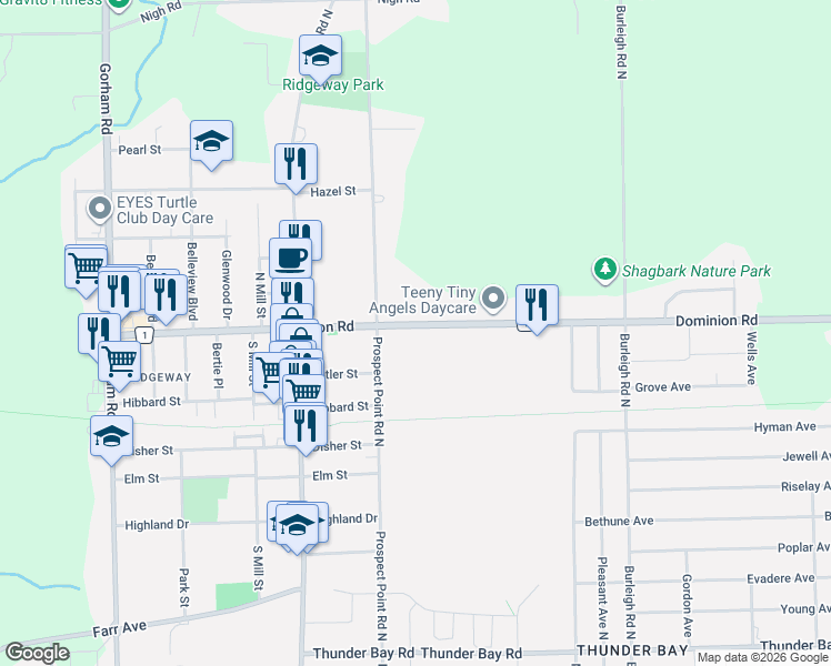 map of restaurants, bars, coffee shops, grocery stores, and more near 3539 Dominion Road in Fort Erie