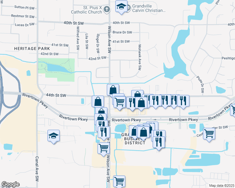 map of restaurants, bars, coffee shops, grocery stores, and more near 2 44th Street Southwest in Grandville
