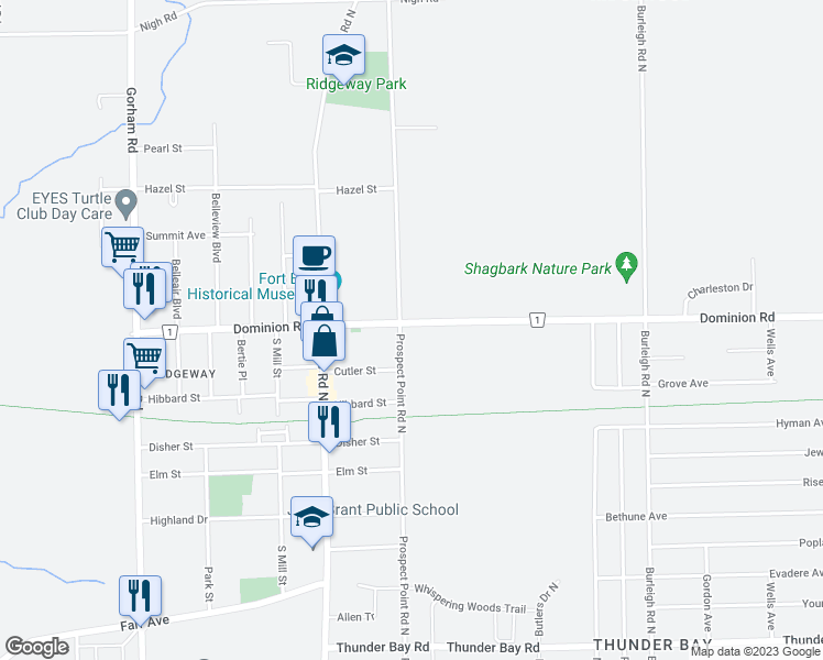map of restaurants, bars, coffee shops, grocery stores, and more near 3583 Dominion Road in Fort Erie