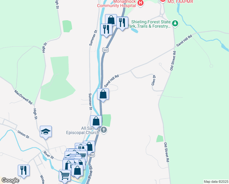 map of restaurants, bars, coffee shops, grocery stores, and more near 10 Sand Hill Road in Peterborough