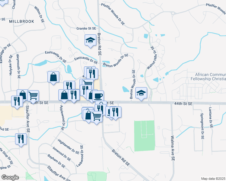 map of restaurants, bars, coffee shops, grocery stores, and more near 4364 Breton Road Southeast in Kentwood