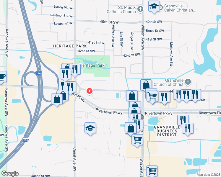 map of restaurants, bars, coffee shops, grocery stores, and more near 4395 Wilfred Avenue Southwest in Grandville