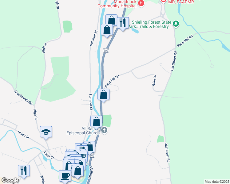 map of restaurants, bars, coffee shops, grocery stores, and more near 10 Sand Hill Road in Peterborough