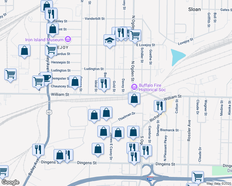 map of restaurants, bars, coffee shops, grocery stores, and more near 1764 William Street in Buffalo