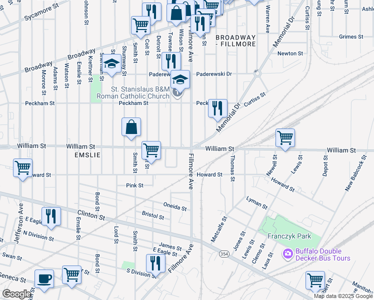 map of restaurants, bars, coffee shops, grocery stores, and more near 846 William Street in Buffalo