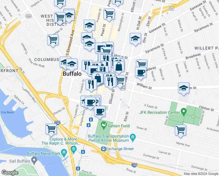 map of restaurants, bars, coffee shops, grocery stores, and more near 391 Washington Street in Buffalo