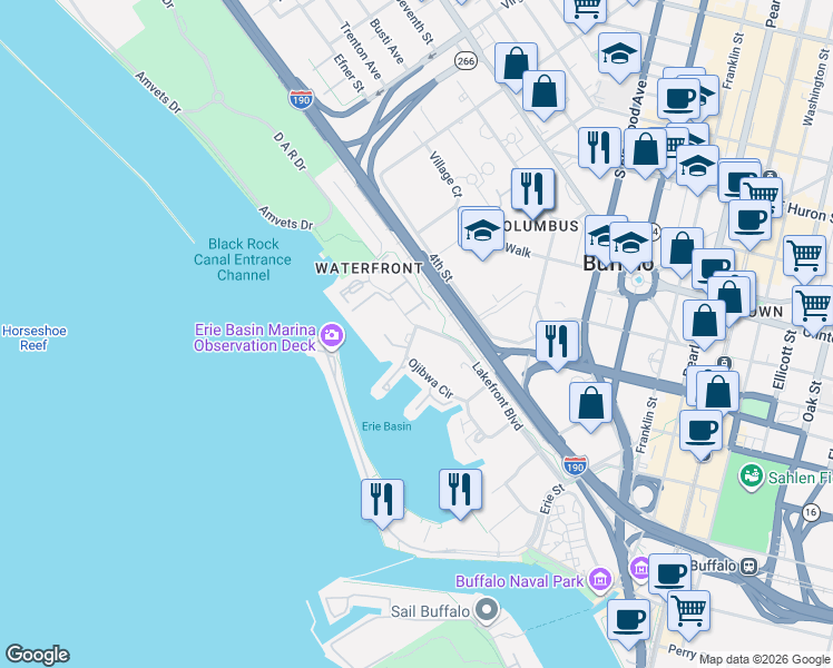map of restaurants, bars, coffee shops, grocery stores, and more near 24 Marina Park South in Buffalo