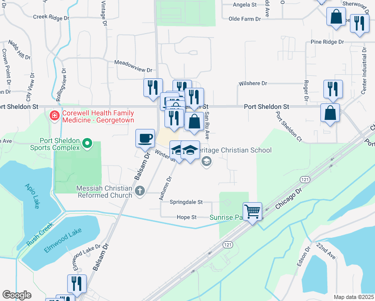 map of restaurants, bars, coffee shops, grocery stores, and more near 6500 Balsam Drive in Hudsonville