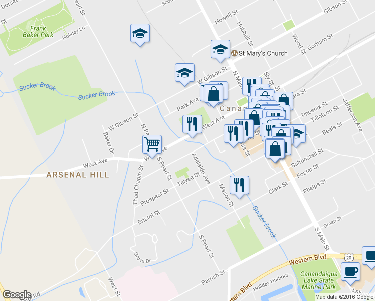 map of restaurants, bars, coffee shops, grocery stores, and more near 142 Chapin Street in Canandaigua