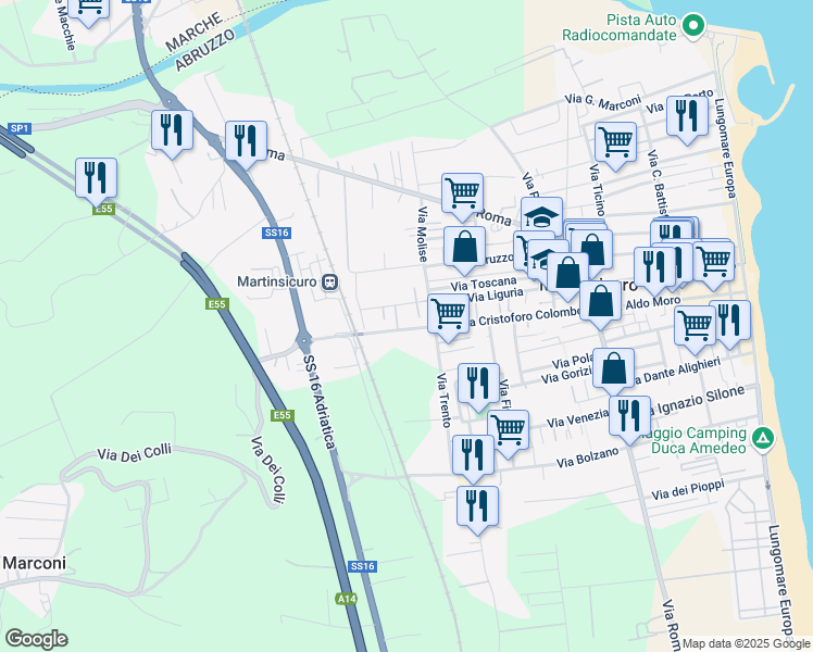 map of restaurants, bars, coffee shops, grocery stores, and more near 152A Via Cristoforo Colombo in Martinsicuro