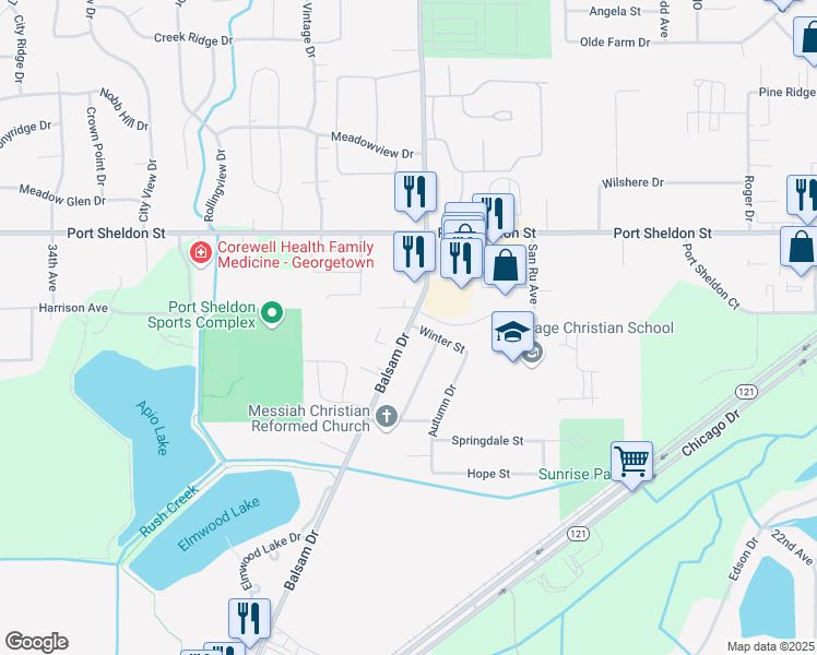 map of restaurants, bars, coffee shops, grocery stores, and more near 6500 Balsam Drive in Hudsonville
