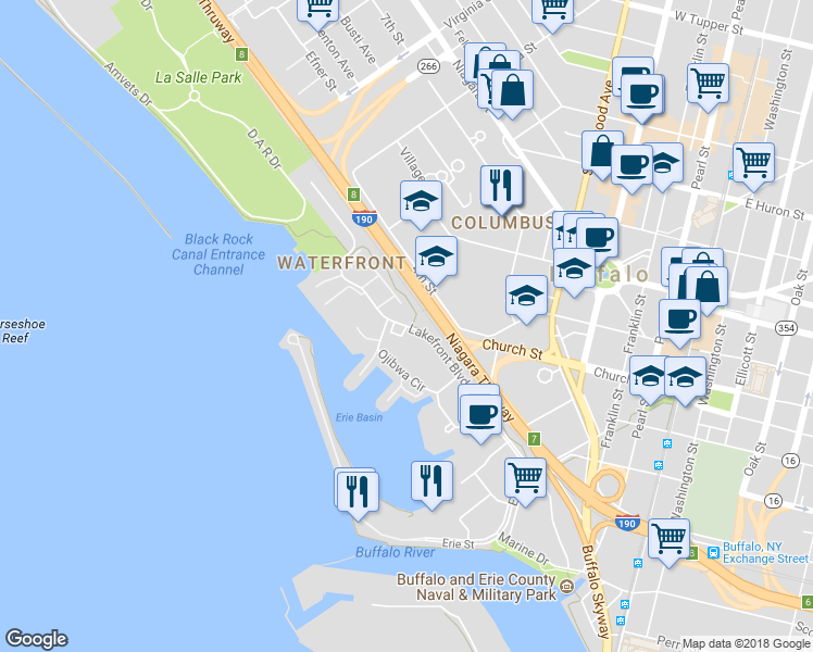 map of restaurants, bars, coffee shops, grocery stores, and more near Lakefront Boulevard & Portside in Buffalo