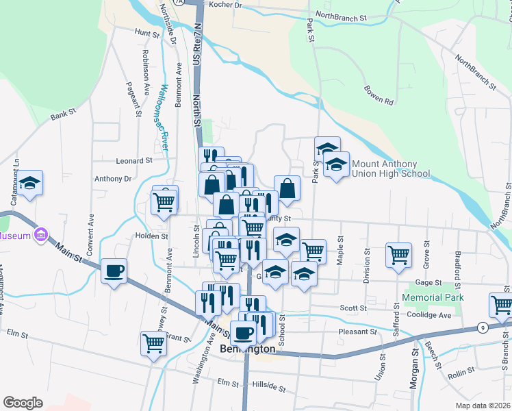 map of restaurants, bars, coffee shops, grocery stores, and more near 310 North Street in Bennington