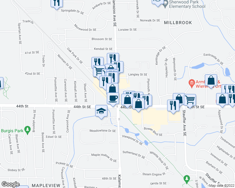 map of restaurants, bars, coffee shops, grocery stores, and more near 4320 Kalamazoo Avenue Southeast in Grand Rapids