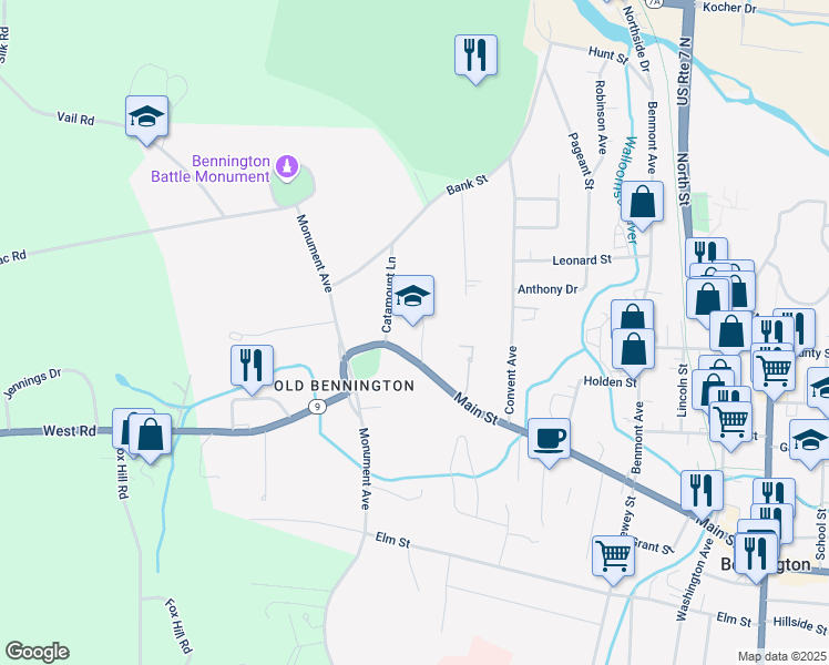 map of restaurants, bars, coffee shops, grocery stores, and more near 66 Main Street in Bennington