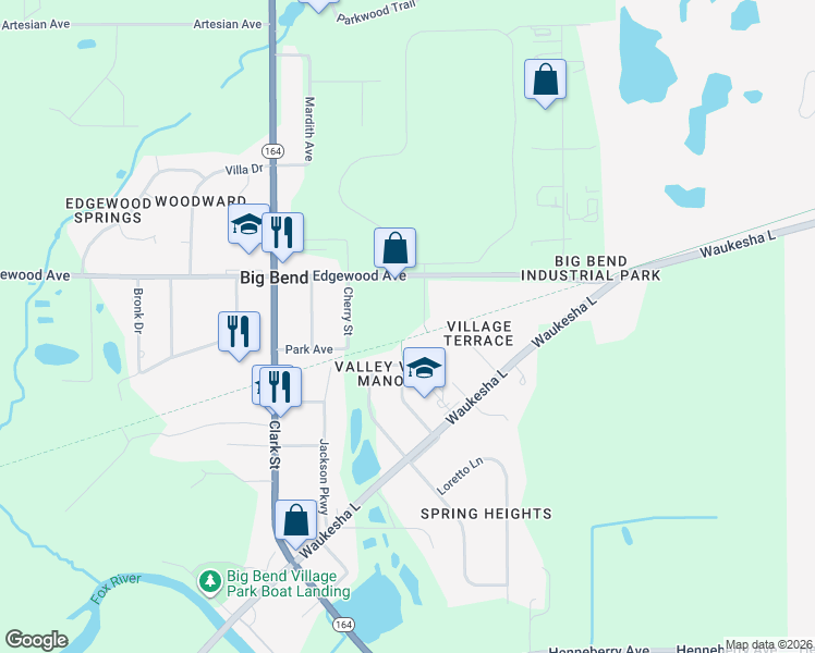 map of restaurants, bars, coffee shops, grocery stores, and more near W227S8775 Durand Drive in Big Bend