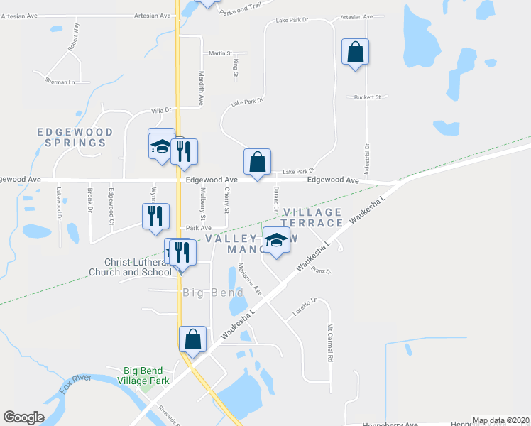 map of restaurants, bars, coffee shops, grocery stores, and more near W227S8775 Durand Drive in Big Bend