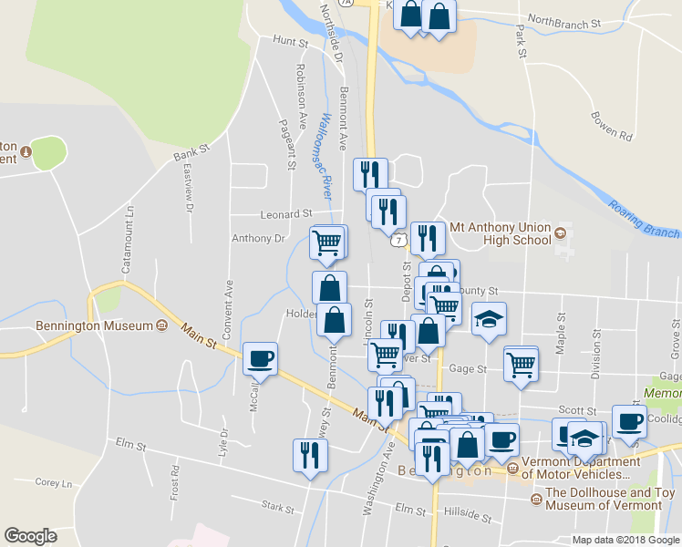 map of restaurants, bars, coffee shops, grocery stores, and more near 201 Benmont Avenue in Bennington