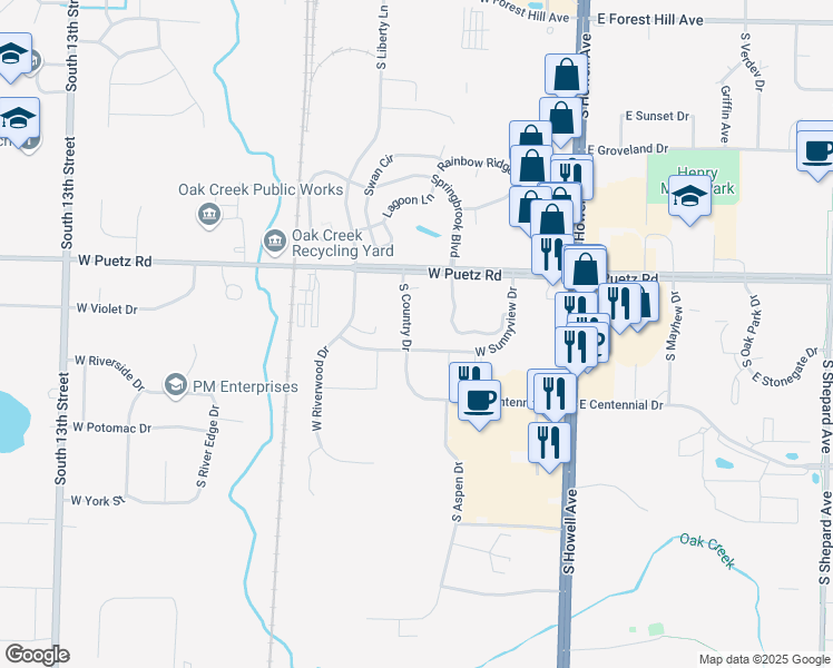 map of restaurants, bars, coffee shops, grocery stores, and more near 8800 South Country Drive in Oak Creek