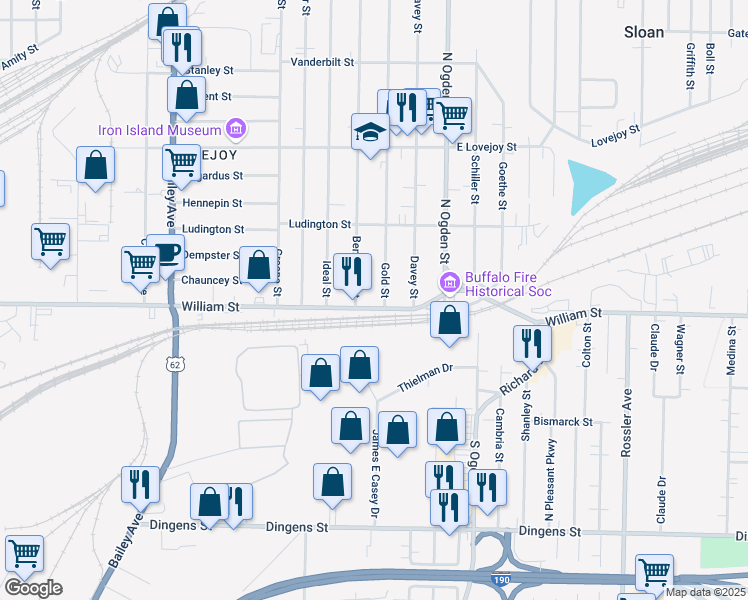 map of restaurants, bars, coffee shops, grocery stores, and more near 1764 William Street in Buffalo
