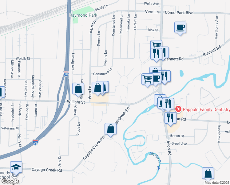 map of restaurants, bars, coffee shops, grocery stores, and more near 75 Williamstowne Court in Buffalo